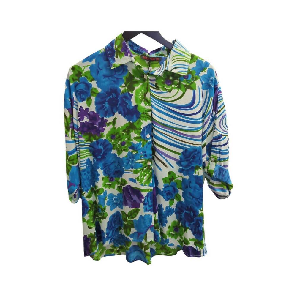 NEW DRESS ADDICT women's floral & swirl button down blouse in blue